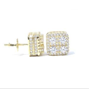 Yellow Gold Finish Lab Diamond 3D Square Earrings